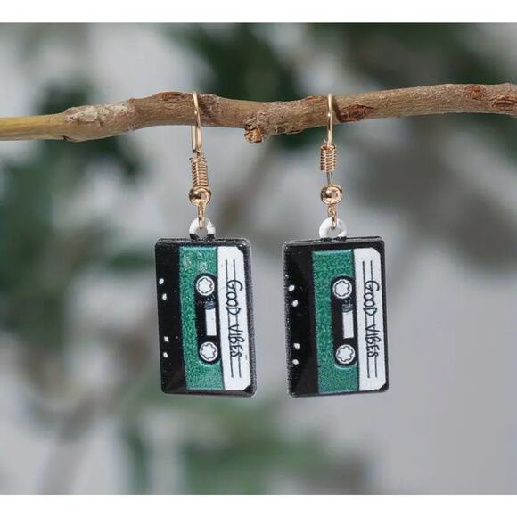 Cassette Tape 80’s Deco Green Earrings Good Vibes Party Mix - Picture 1 of 2